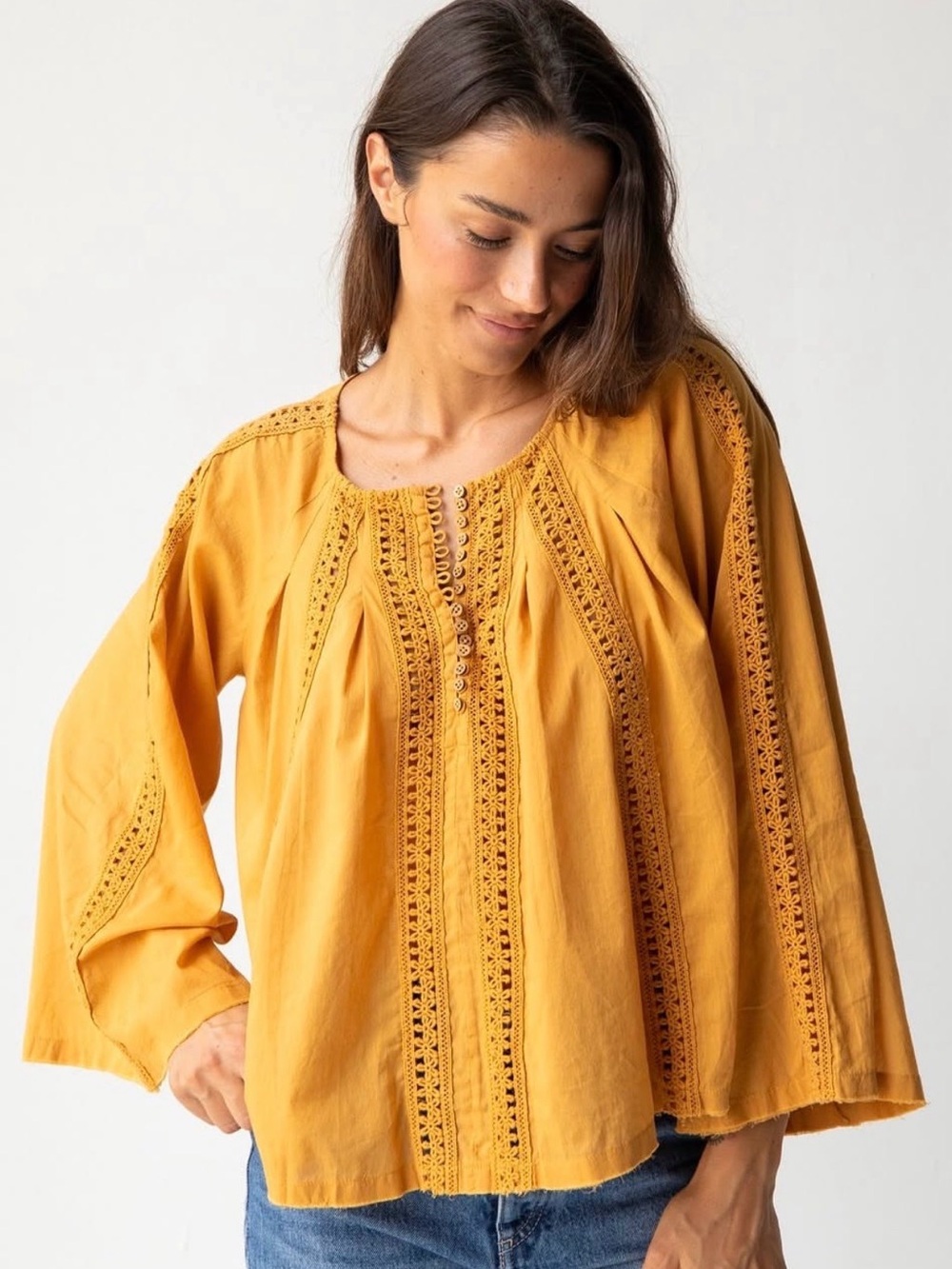 Natural Life Boho Embroidered Peasant Blouse Sz L Festival Bell Sleeve Cotton